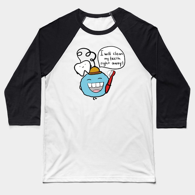 Blue Bubble and Molar (How do I brush my teeth?) Book Character Baseball T-Shirt by Happimola